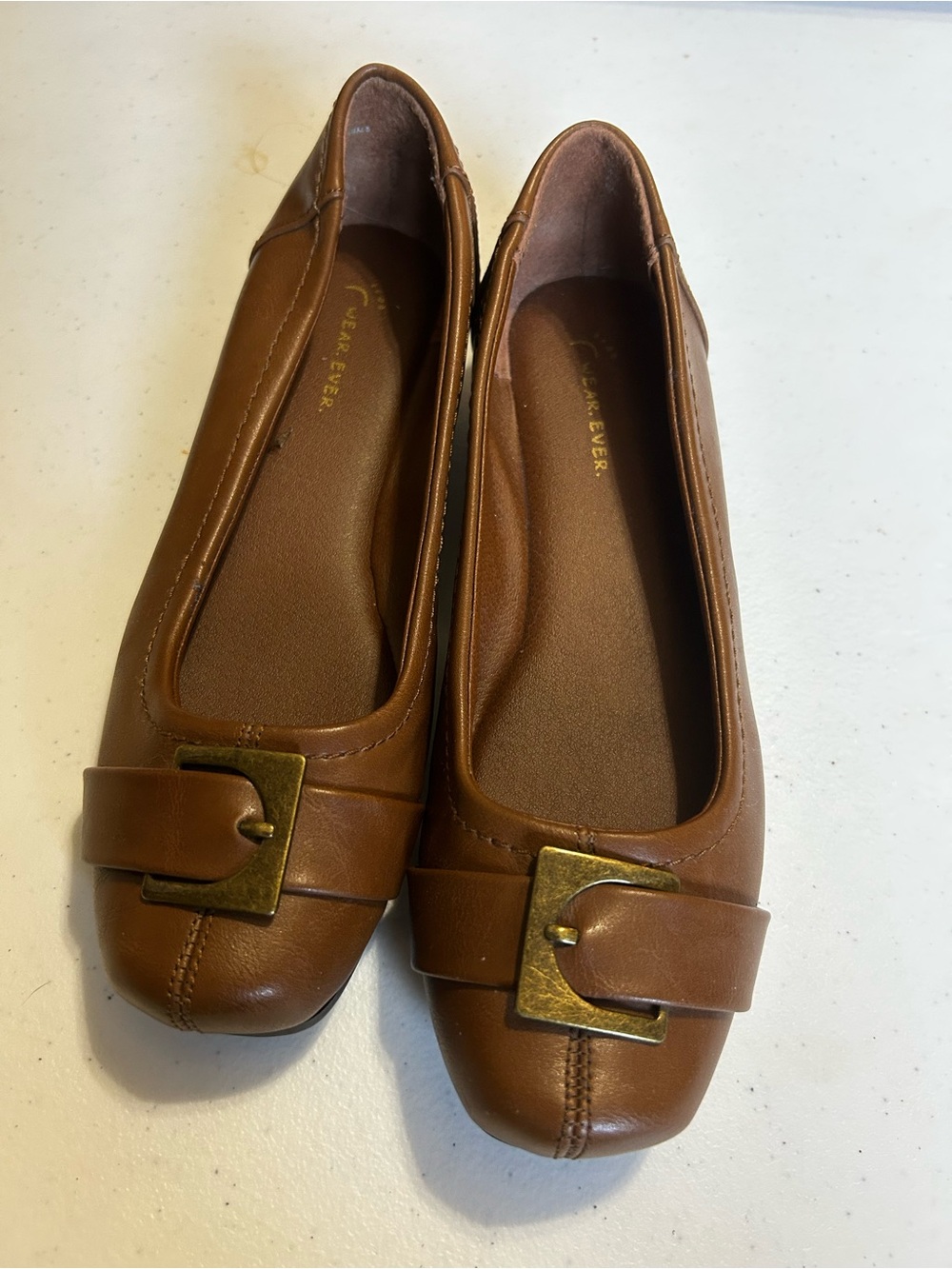Wear Ever Women's Size 7 M Slip On with Buckle Low Wedge Flat Shoes Brown